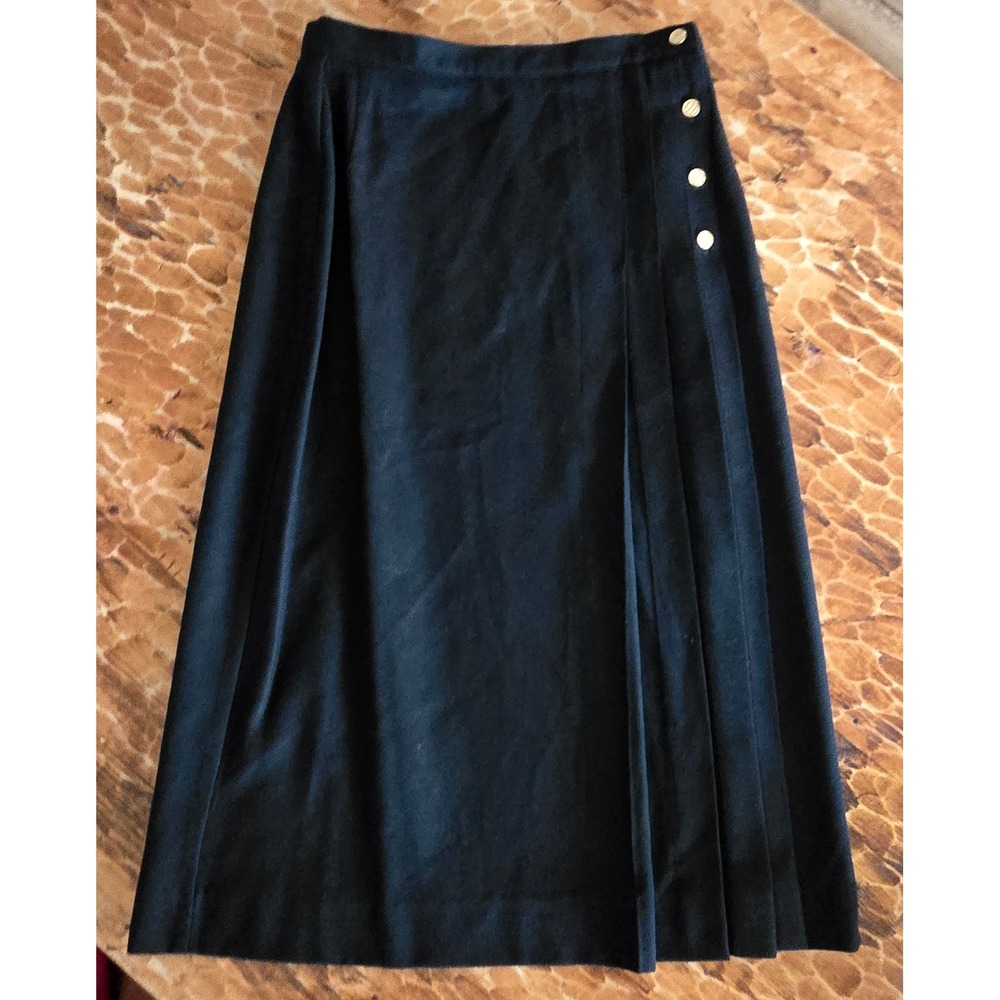 Cambridge Spirit Vintage Black 100% Worsted Wool Pleated Skirt Gold Button 12